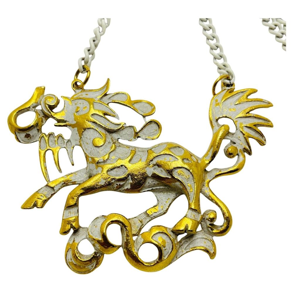 Vintage gold tone white enamel dragon necklace